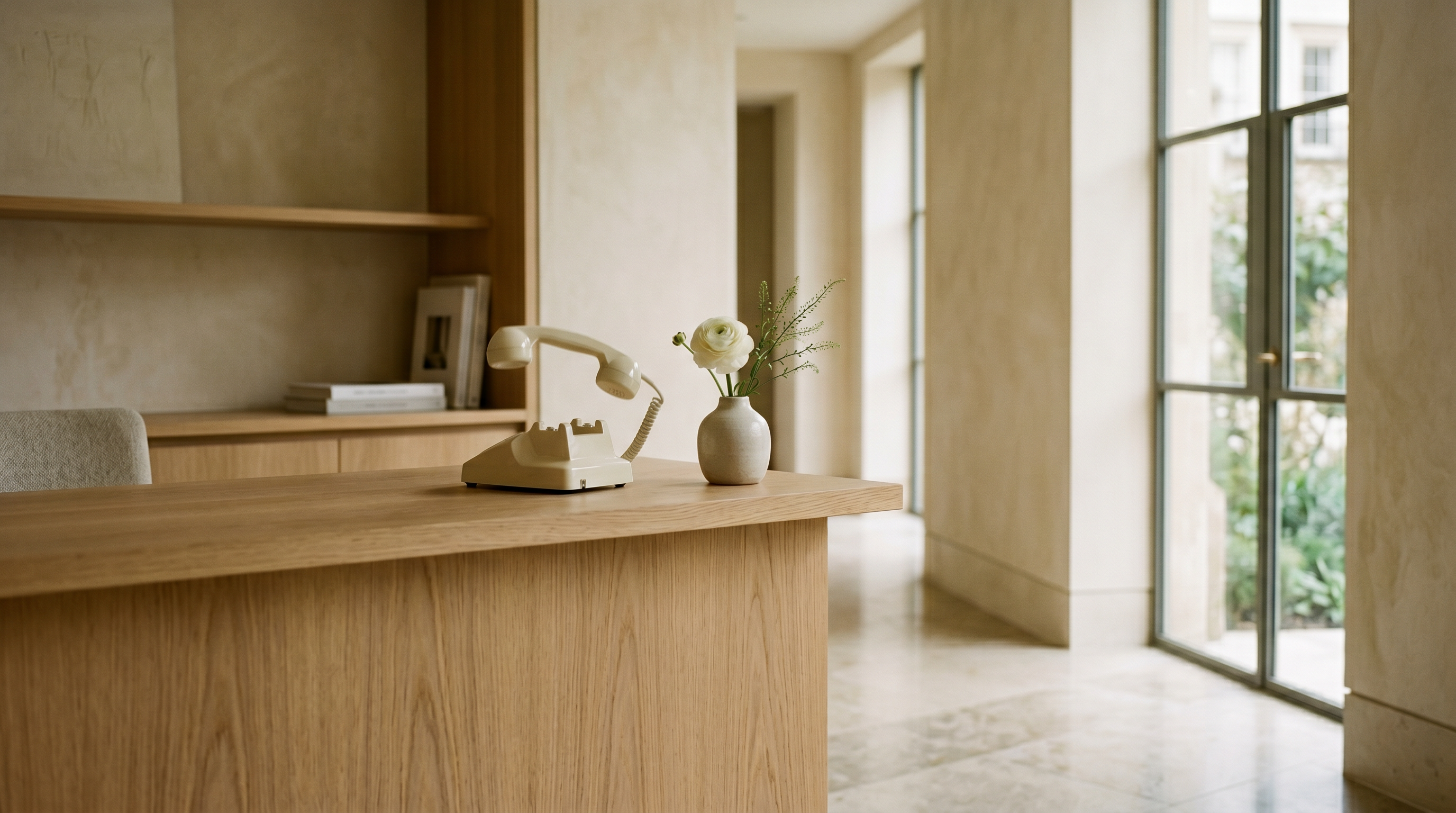 A cream landline handset lifted off its cradle on a warm oak reception desk, soft morning light.