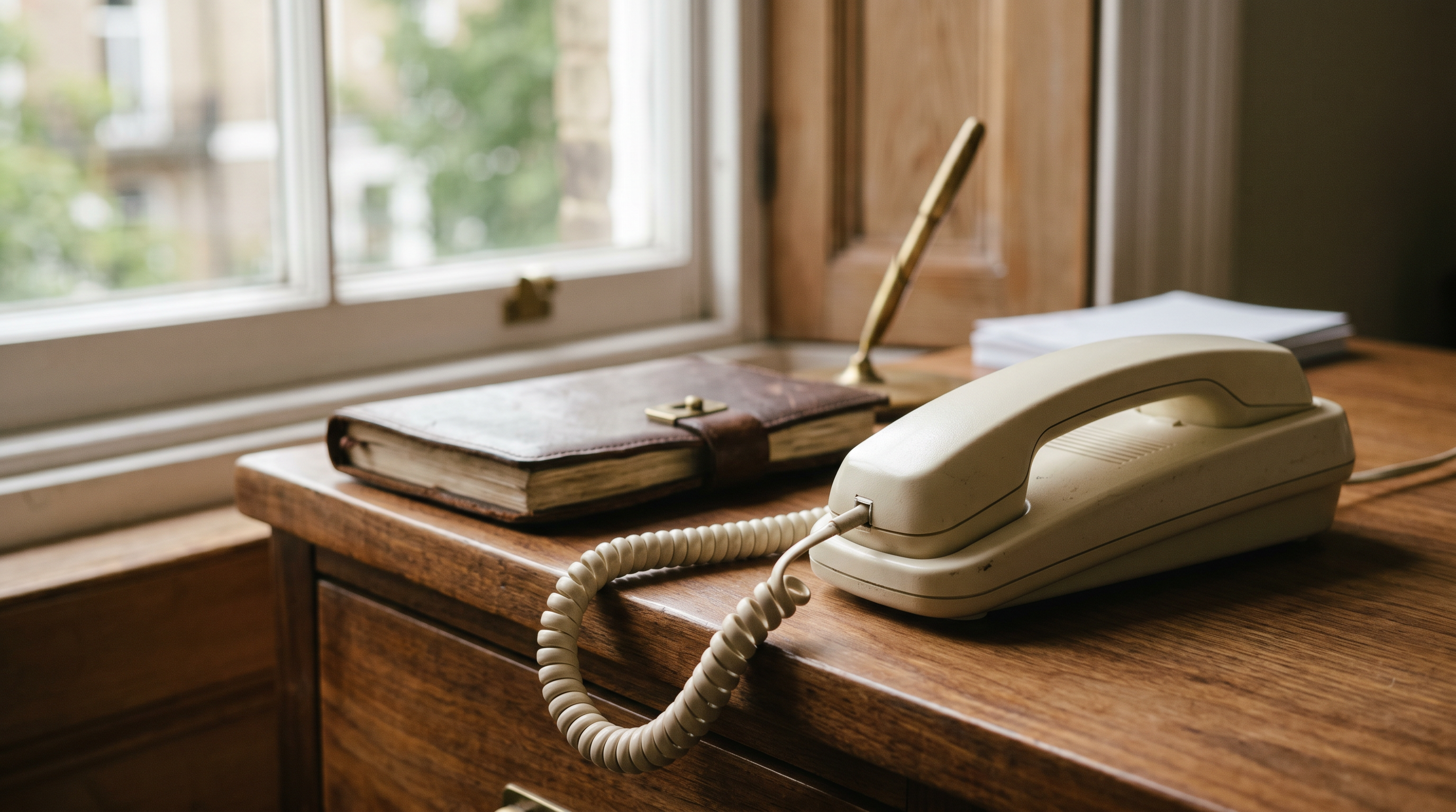 A cream telephone handset on a warm walnut desk beside a leather diary, soft window light.
