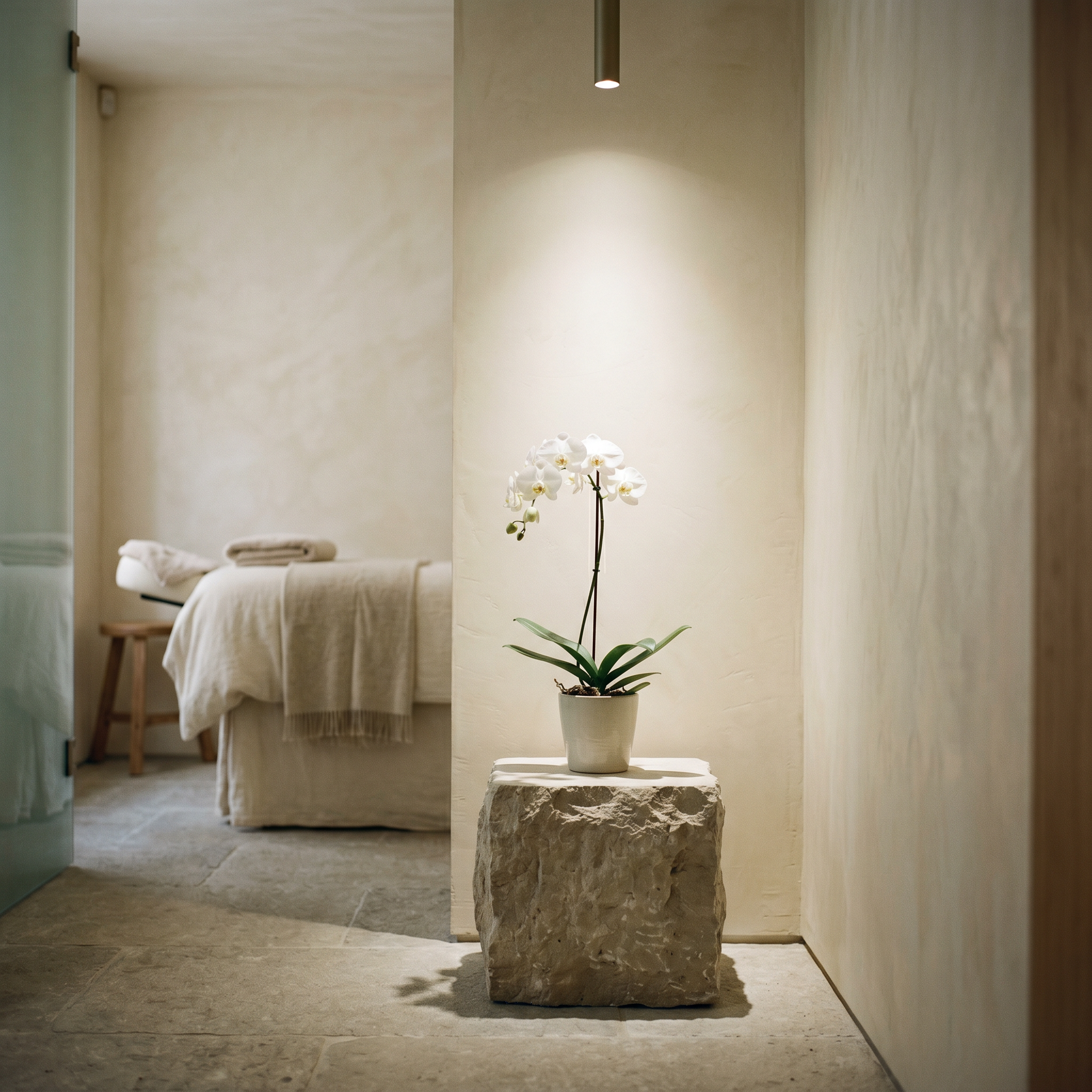 A white orchid lit by a single spotlight in a minimalist treatment room.