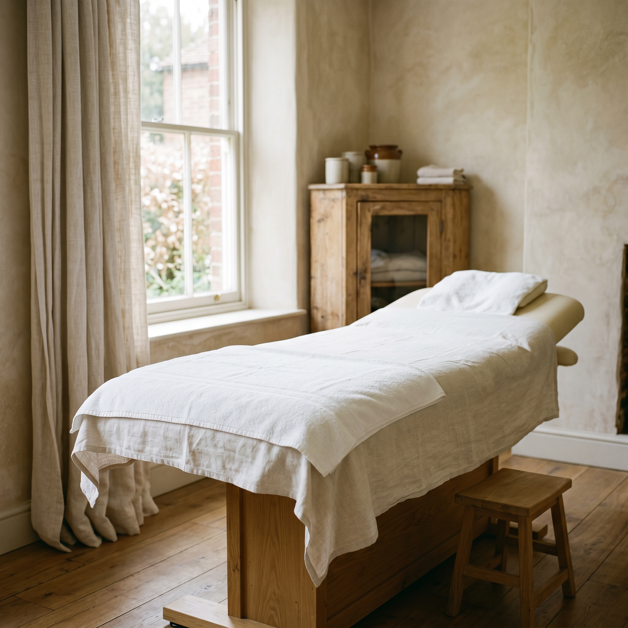A physiotherapy treatment bed with a folded white towel in soft daylight.