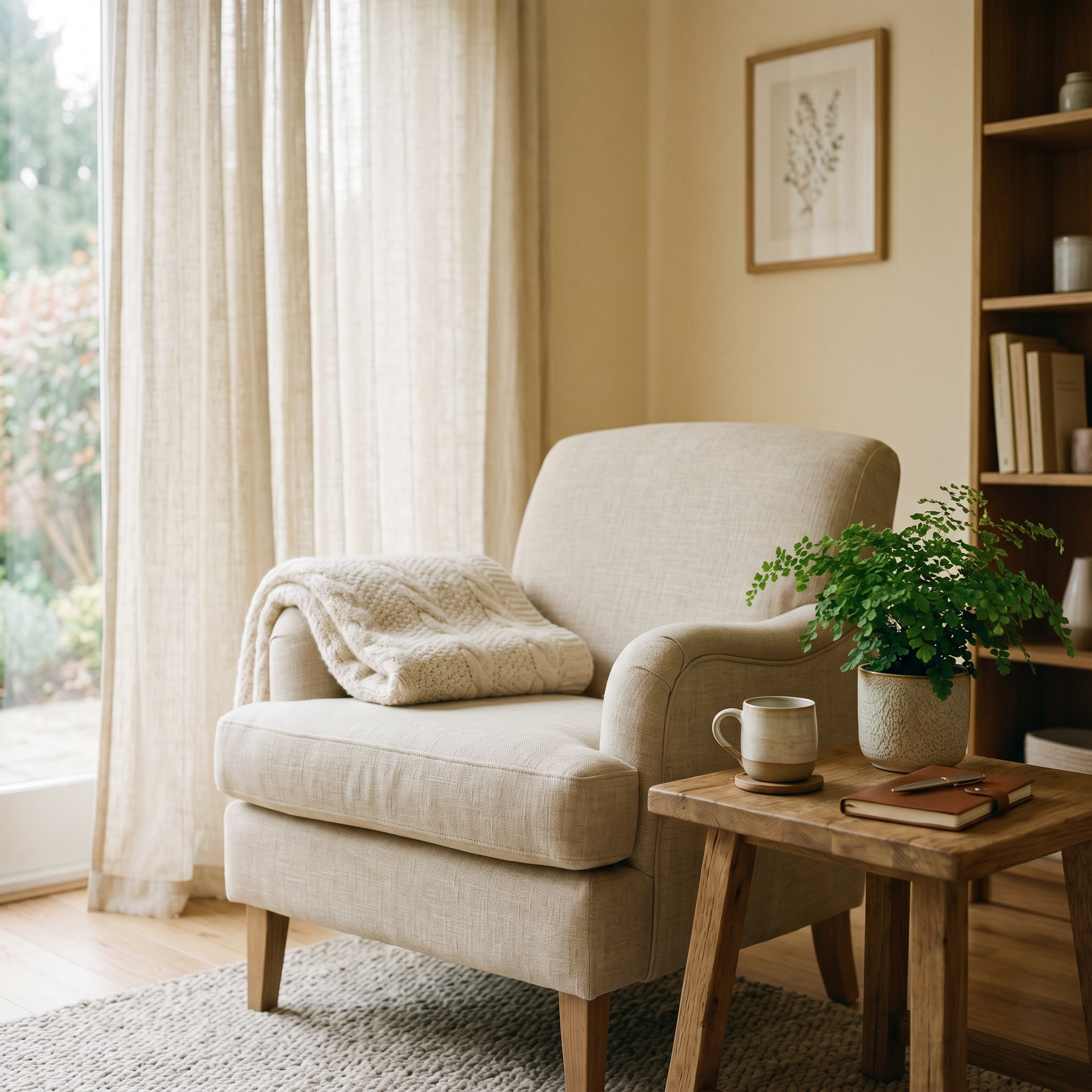 A cream blanket folded on an upholstered chair beside a small plant.